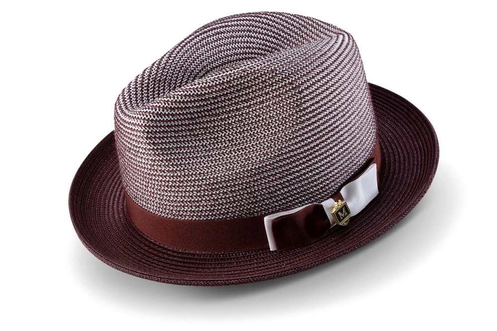 Wine Men's Two Tone Braided Pinch Fedora with Grosgrain Ribbon
